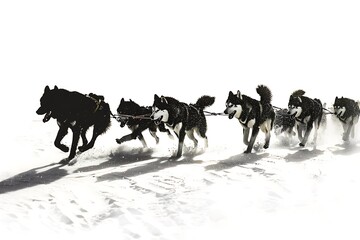 Silhouette of a sled dog team pulling through snow on a white background