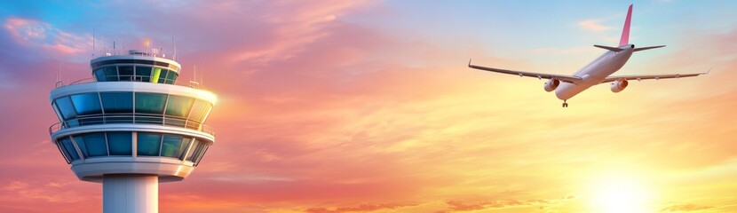 Hyperrealistic Image Depicting an Airport Control Tower with Planes Flying in the Sky