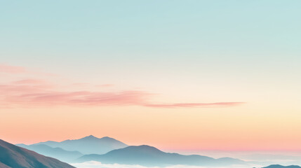 Fototapeta premium serene mountain landscape with soft pastel hues of pink, orange, and blue blending into misty horizon, evoking calm and tranquility