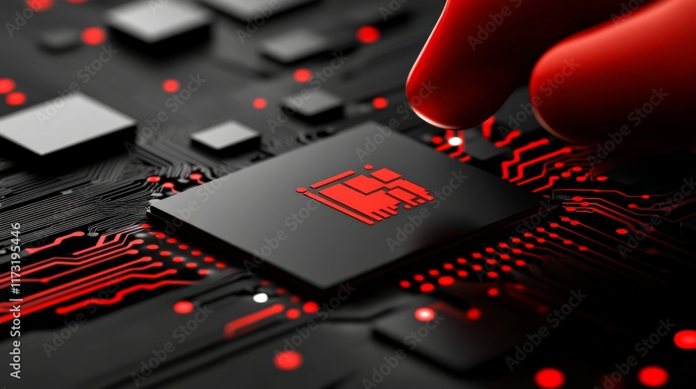 Poster red hand on circuit board: a close-up of a red hand reaching towards a glowing red chip on a black c