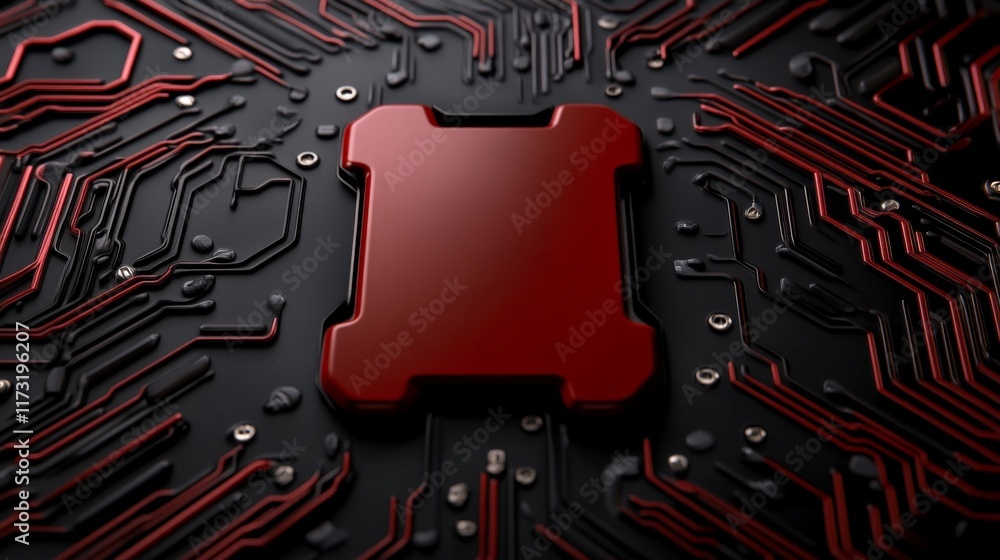 Poster red chip on circuit board: a red chip sits prominently on a circuit board, representing the heart of