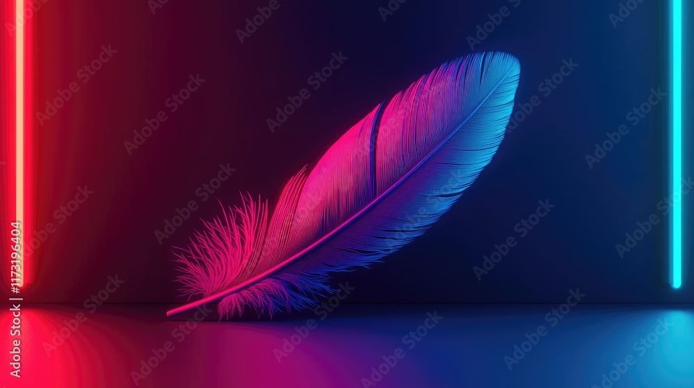 Poster feather abstract background concept. a vibrant feather illuminated by neon lights in a dark setting,