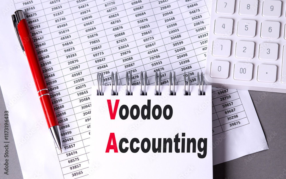 Aufkleber voodoo accounting text on a notepad with financial data sheets, a red pen, and a calculator on a des