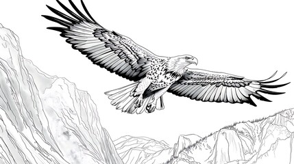 Obraz premium Outline of an eagle soaring above a canyon on a white background