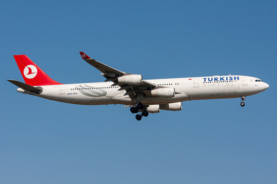 Frankfurt am Main, Germany - April 13, 2009: Turkish Airlines Airbus A340-300 with registration TC-JII on final for Frankfurt Airport