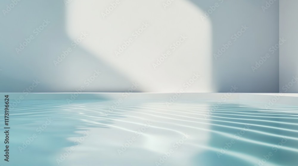 Poster Sunlight creating shadows on rippling water surface with concentric circles expanding in a minimal interior with light blue and white walls