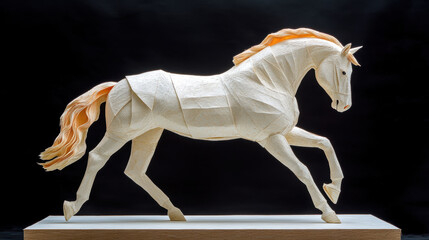 large scale paper sculpture of majestic horse, showcasing intricate folds and lifelike details, with flowing mane and dynamic pose, set against dark background