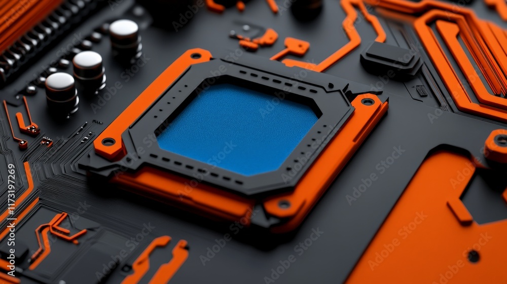 Poster close-up of cpu socket on motherboard: a detailed, high-resolution photograph showcasing the cpu soc