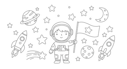 Cheerful Kids Engaged in Fun Activities Simple Line Art Coloring Pages for Children.
