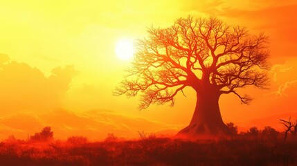 Obraz premium Majestic Bare Tree Silhouetted Against a Vibrant Sunset