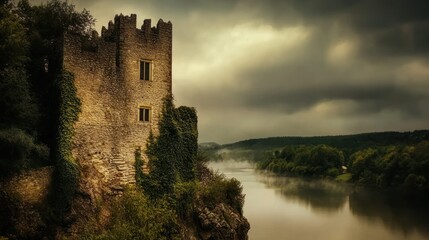 Ancient Stone Castle on a Misty Riverbank