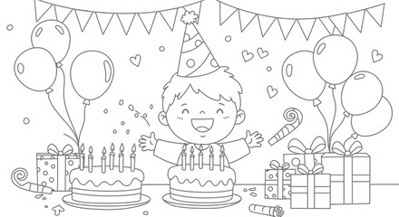 Cheerful Kids Engaged in Fun Activities Simple Line Art Coloring Pages for Children.
