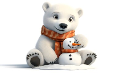 Polar bear with scarf holds a snowman.