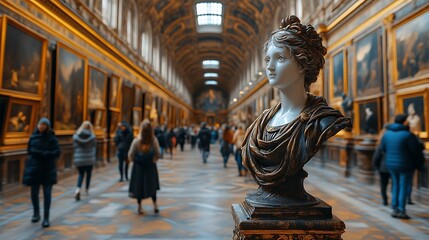 Marble bust in art gallery hallway.