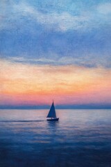 Fototapeta premium Sailboat at sunset on calm ocean waters with vibrant sky colors