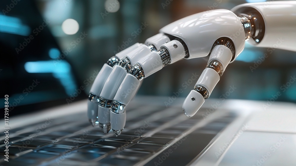 Poster robotic hand interacting with computer keyboard in futuristic setting