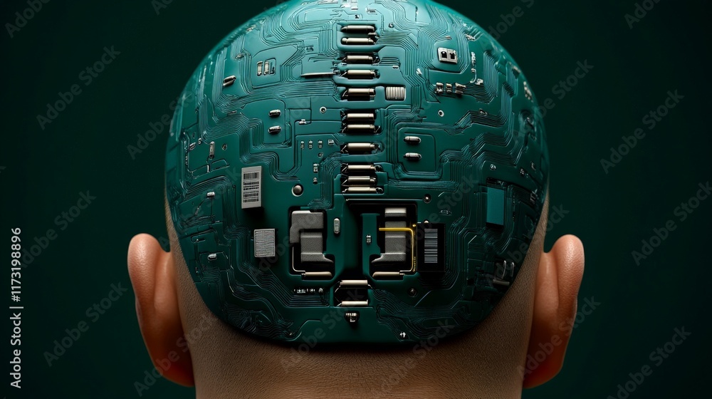 Poster circuit mind: a futuristic concept image depicting a human head with a circuit board replacing the s