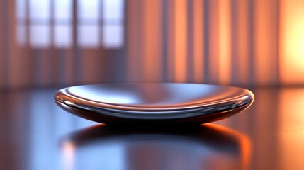 Obraz premium A sleek, modern plate sits on a reflective surface, illuminated by warm light, creating a serene and minimalistic ambiance.