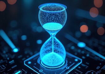 Digital hourglass glows amidst circuit patterns and glowing particles