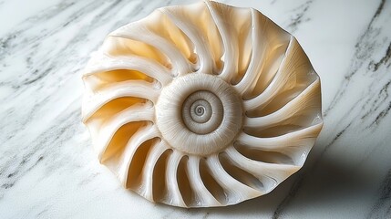 A beautifully patterned nautilus shell displayed on a marble surface, showcasing intricate curves and natural colors.