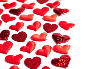 Glittering red hearts background. Concept love banner, valentine's day greeting card, wedding invitation, birthday poster. Hearts romantic pattern for Happy Women's, Mother's, Day. Photo. Copy space