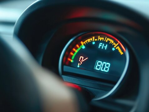 Low fuel indicator on the car meter dashboard. 