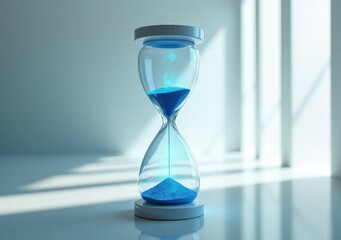 Hourglass filled with blue sand on a sunlit surface showcasing the passage of time