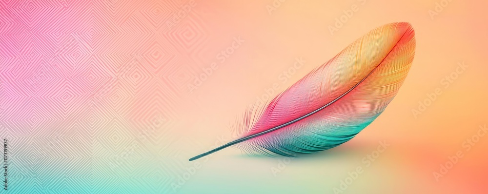 Poster feather abstract background concept. a vibrant feather with a gradient of colors on a soft pastel ba