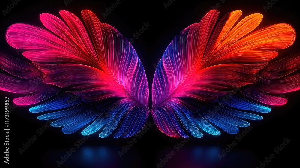 Poster feather abstract background concept. vibrant wings design with colorful light effects on a dark back