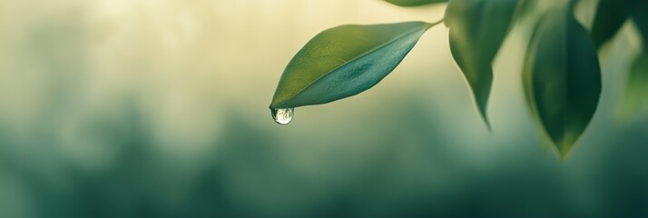Obraz premium Macro close up of a single, glistening water droplet hanging from the tip of a vibrant green leaf, capturing the serene beauty of nature after a rainfall with soft, blurred background