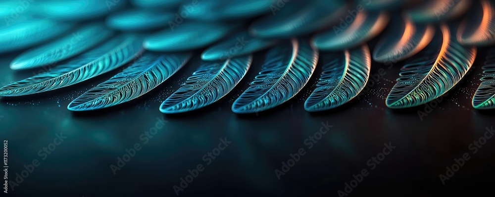 Poster feather abstract background concept. abstract close-up of layered metallic feathers in vibrant color