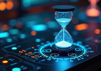 High-tech hourglass on illuminated control panel with vibrant glowing lights