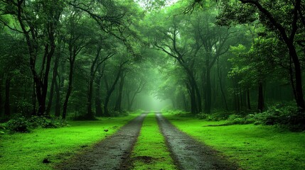 Obraz premium Misty jungle path with green moss on the ground and rain softly falling