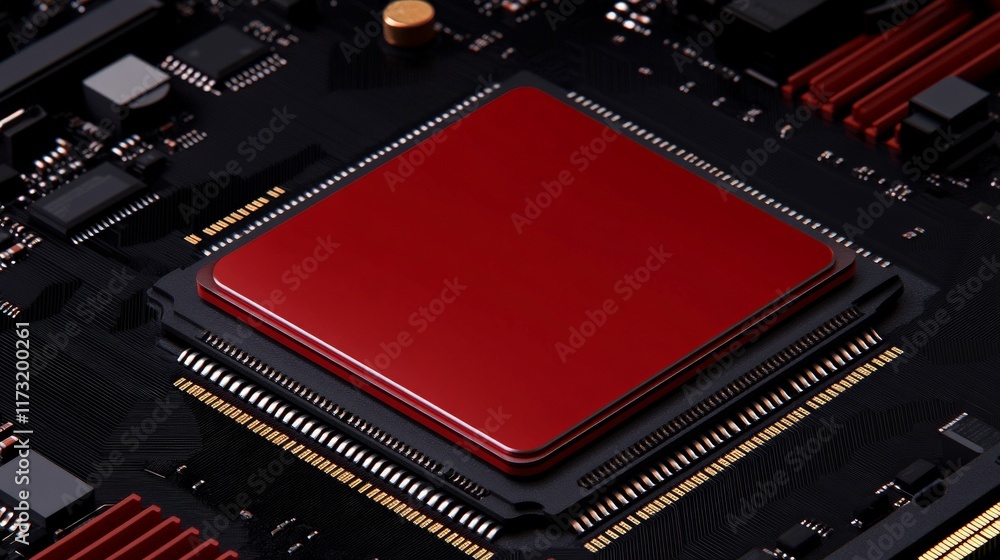 Poster red processor on motherboard: a close-up of a red processor chip on a sleek black motherboard. the i