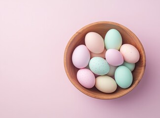 Colorful Easter eggs in basket on green grass with flowers, top view. Happy easter concept. stock photo contest winner, 20k