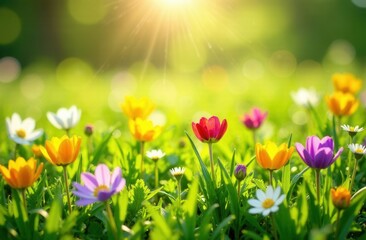 A vibrant field of colorful flowers growing lushly on a sunny day