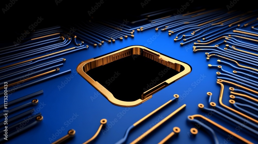 Poster digital core: a close-up view of a circuit board with a golden chip in the center, highlighting the 