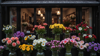 Obraz premium Flower shop window with colorful bouquets