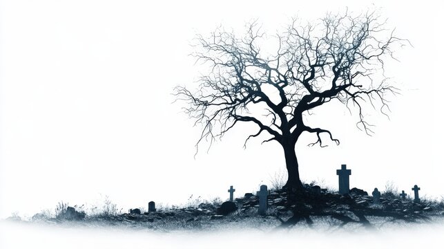 Bare Tree Stands Over Graveyard In Mist