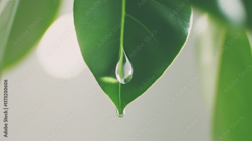 Poster glistening water droplet clinging to the tip of a vibrant green leaf, poised to fall, with a soft, b