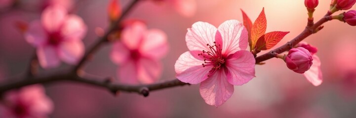 Obraz premium A delicate red cherry blossom unfurls its petals in the morning light, blossoms, pink, leaves