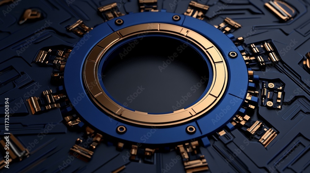 Poster futuristic tech abstract: a captivating abstract of a blue and gold circular technological interface