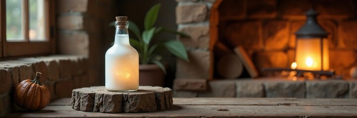 A frosted white bottle rests on a rough-hewn stone base near a rustic lamp, cozy, calming ambiance