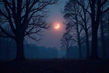 A lone crescent moon shines amidst a forest of branches, branches, forest, nature