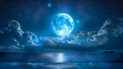 Full blue moon over tranquil ocean at night.