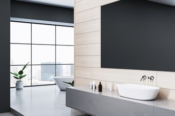 Modern bathroom interior with stylish design featuring a bathtub, sleek sink, and large windows overlooking the cityscape. 3D Rendering