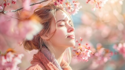 Fototapeta premium A woman enjoys the refreshing atmosphere of spring surrounded by blooming cherry blossoms, embracing the tranquility and beauty of nature in full bloom.