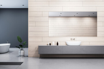 Modern bathroom interior with beige tiled walls, large mirror, floating sink, and a bathtub in a stylish minimalist empty space. 3D Rendering