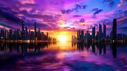 Fototapeta premium Breathtaking Sunset Over City Skyline with Colorful Reflections