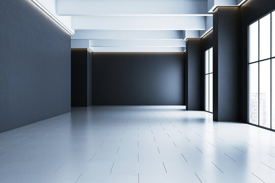 Modern interior of an empty gallery space with dark walls, large windows, and clean tiled floors. 3D Rendering